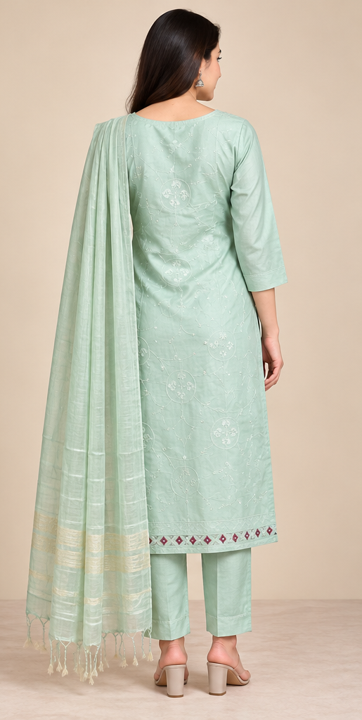 Women Elegant Cream Chanderi Silk Chikankari Style Kurta, Pant & Dupatta 3-Piece Set