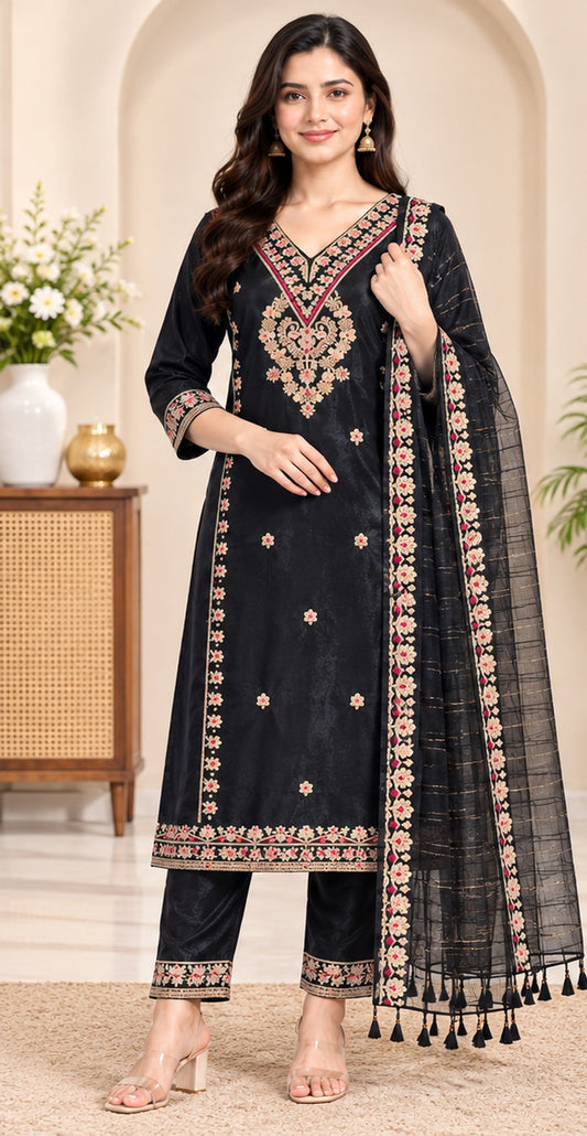 Women Black Colour Tissue Silk Embroidered Suit Set with Matching Dupatta