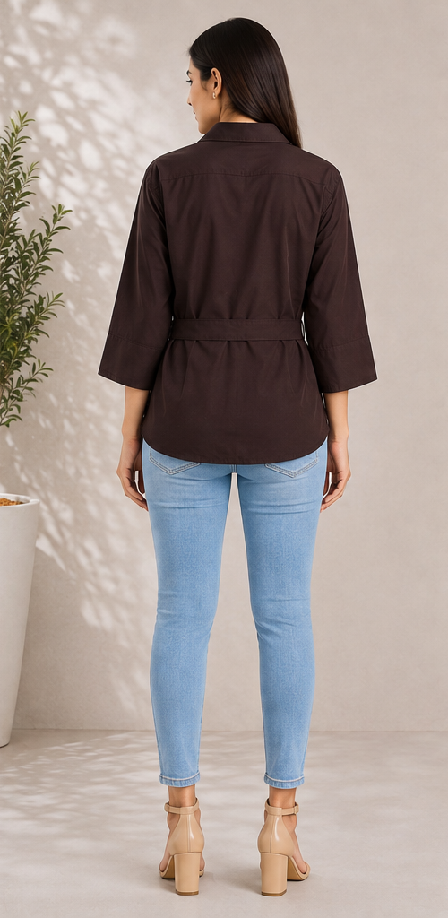 Women classic cotton collar shirt with Tie-Waist
