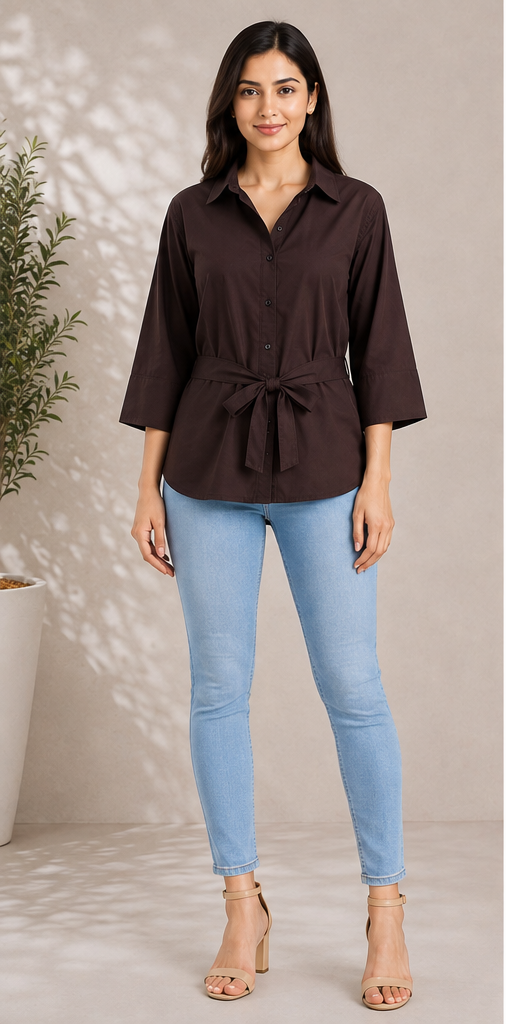 Women classic cotton collar shirt with Tie-Waist