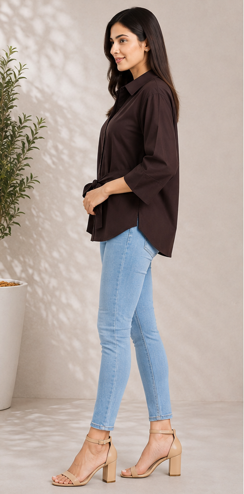 Women classic cotton collar shirt with Tie-Waist