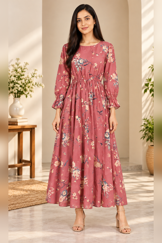 omen Casual Blush Floral Print Crepe Midi Dress