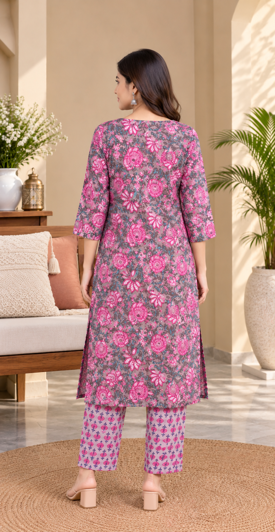 Women Mauve & Magenta Floral Block-Print Style Cotton Kurta & Pant 2-Piece Set