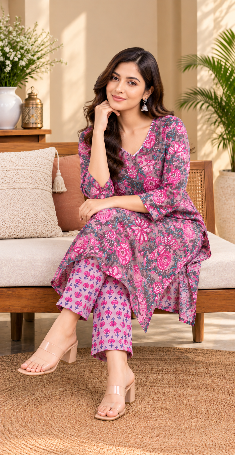 Women Mauve & Magenta Floral Block-Print Style Cotton Kurta & Pant 2-Piece Set