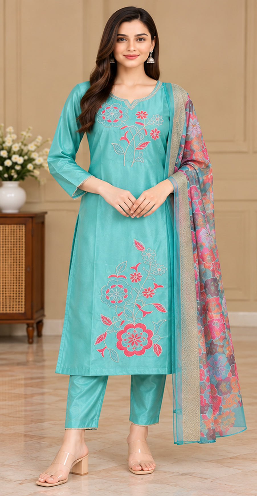 Women Turquoise Green Floral Embroidered Kurta & Pant Set with Matching Dupatta