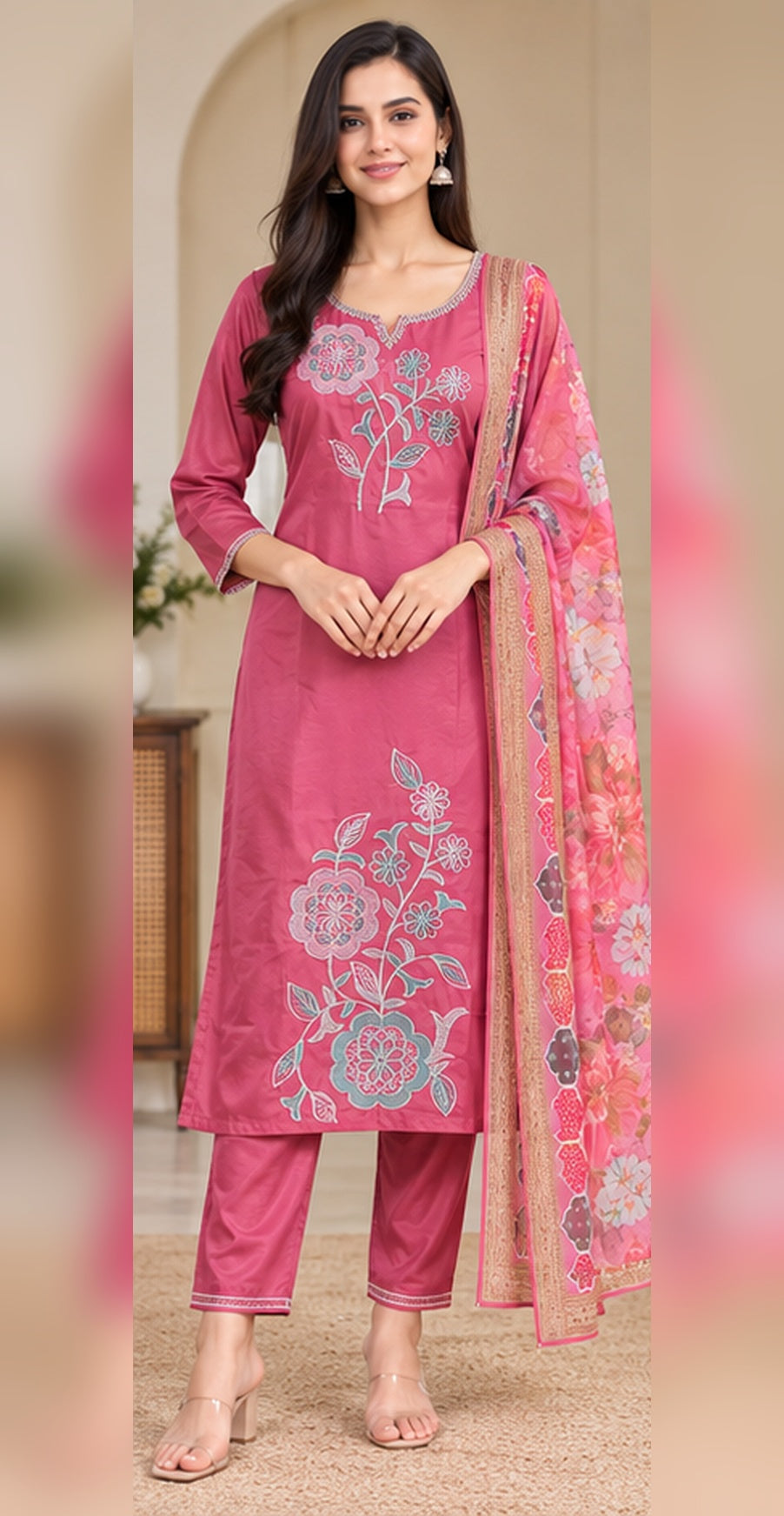 Women Rose Pink Floral Embroidered Kurta & Pant Set with Matching Dupatta