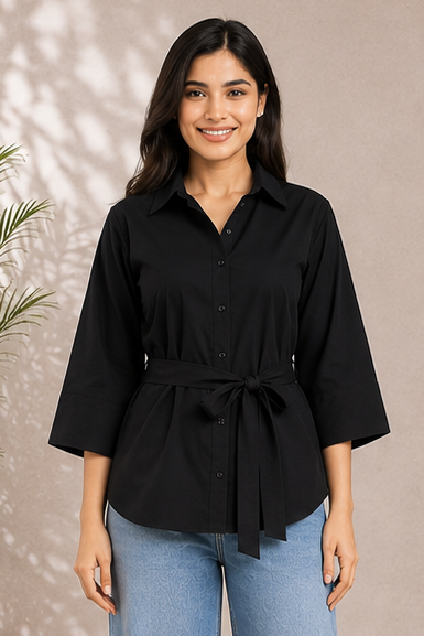 Women classic cotton collar shirt with Tie-Waist