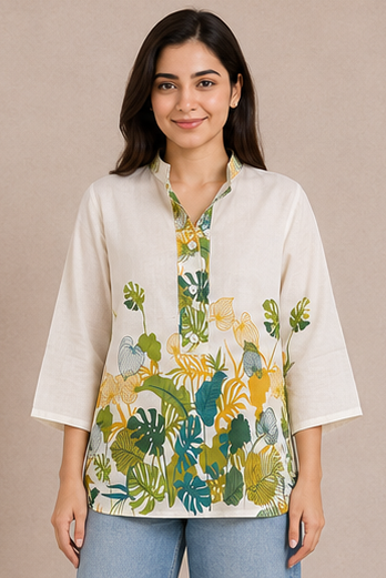 Women Tropical Floral Print Khadi Cotton Short Kurti with Mandarin Collar