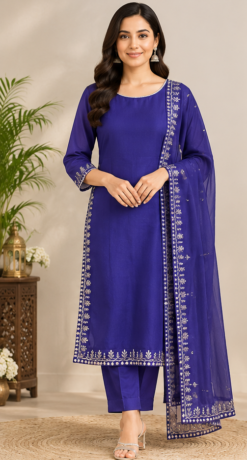 Women Royal blue chiffon suit set with Embroidered Side Slits & Matching Dupatta