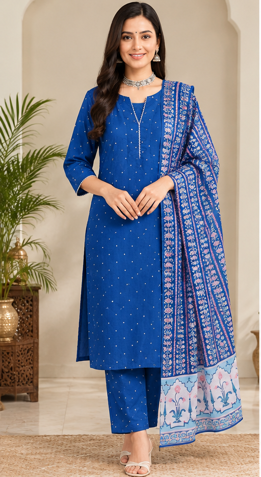 Women Elegant Royal Blue Printed V-neck Kurta, Pant & Dupatta 3-Piece Ethnic Set