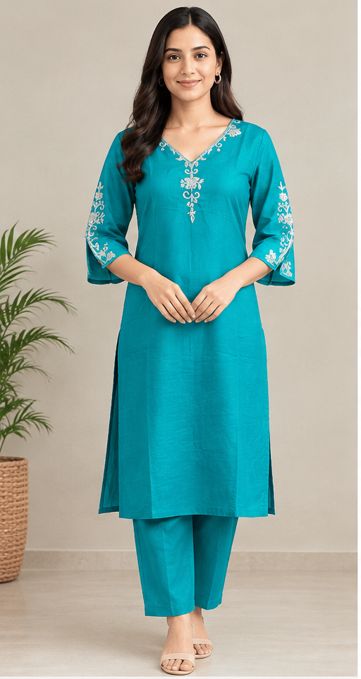 Women Green Embroidered V-Neck Kurta with Bell Sleeves & Matching Trousers
