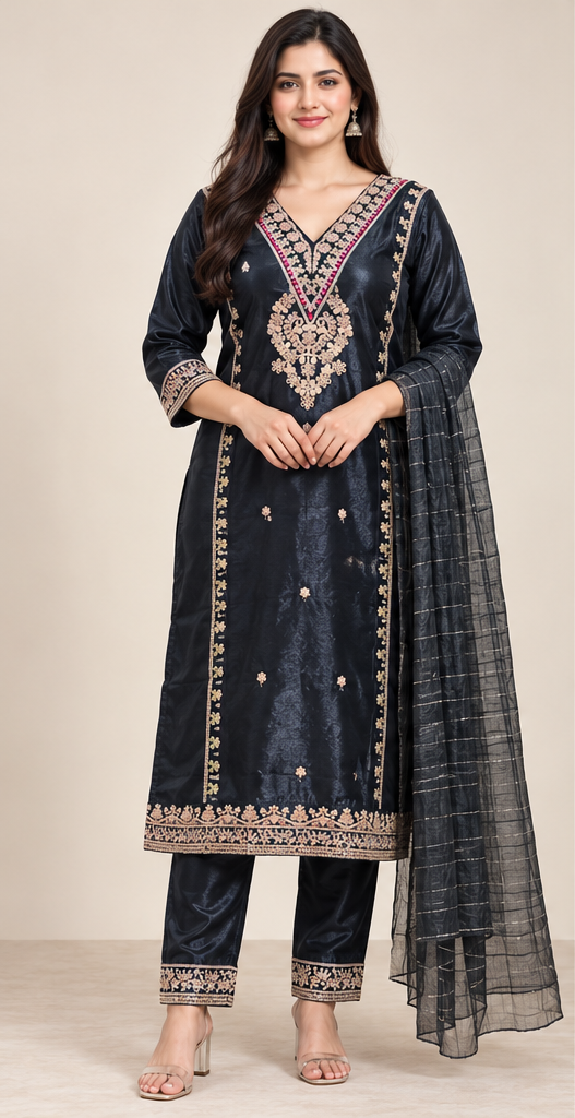 Women Black Colour Tissue Silk Embroidered Suit Set with Matching Dupatta