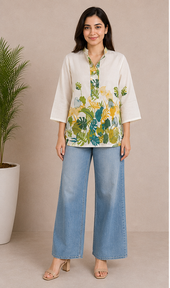 Women Tropical Floral Print Khadi Cotton Short Kurti with Mandarin Collar