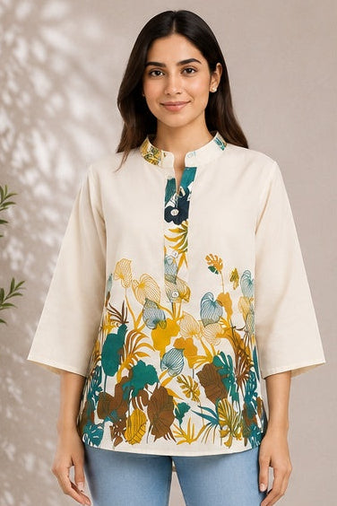 Women Tropical Floral Print Khadi Cotton Short Kurti with Mandarin Collar