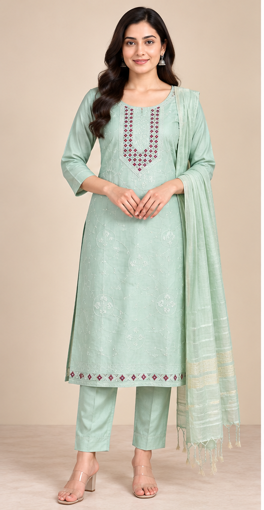 Women Elegant Cream Chanderi Silk Chikankari Style Kurta, Pant & Dupatta 3-Piece Set