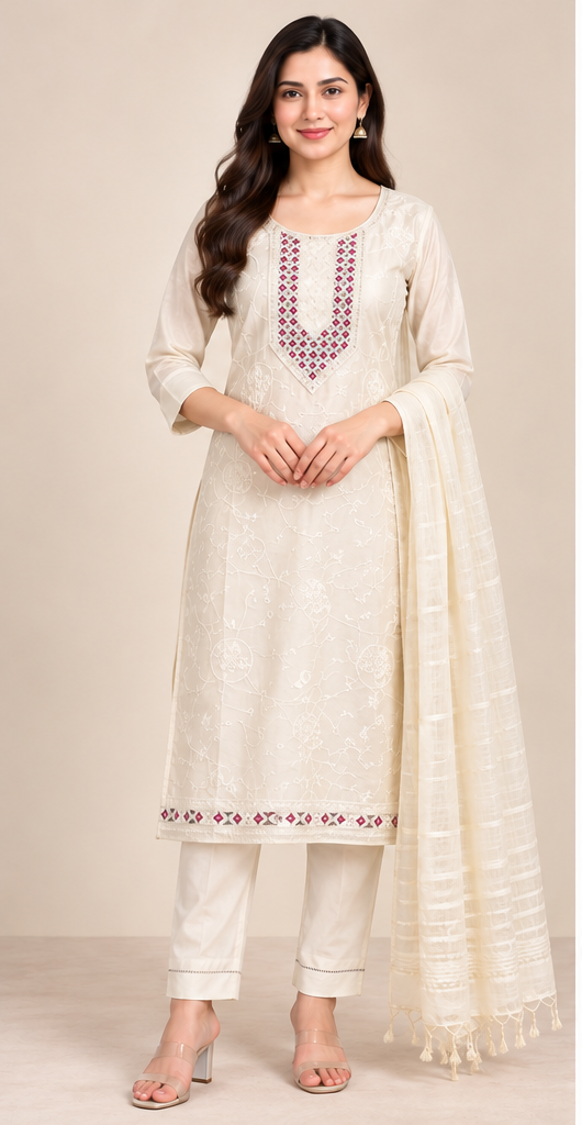 Women Elegant Cream Chanderi Silk Chikankari Style Kurta, Pant & Dupatta 3-Piece Set
