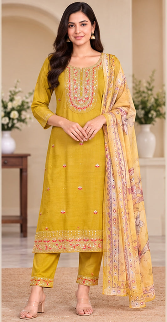 Women Yellow Embroidered Kurta & Pant Set with Floral Digital Printed Dupatta