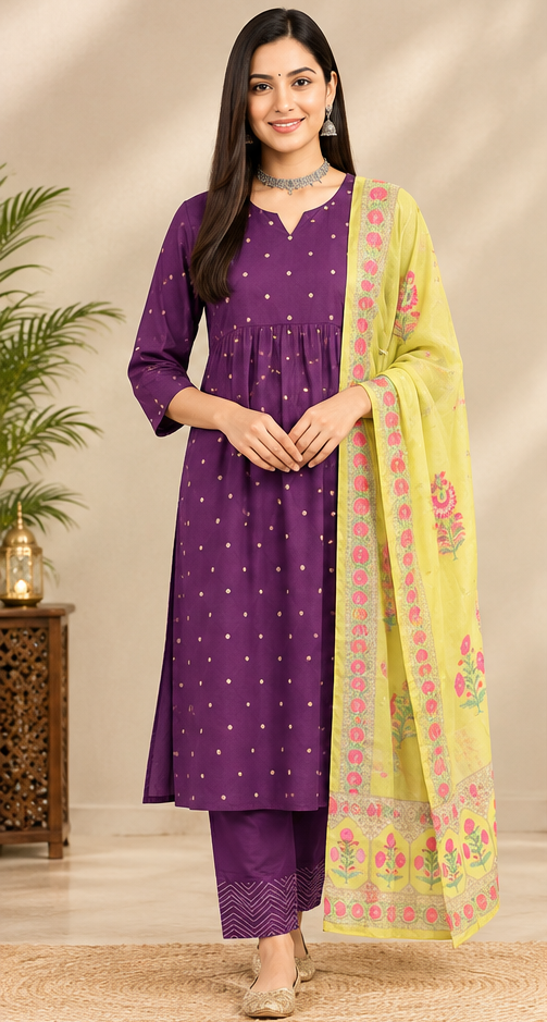 Women Deep Purple Gathered Ethnic Suit Set with Chevron Printed Trousers & Contrast Dupatta