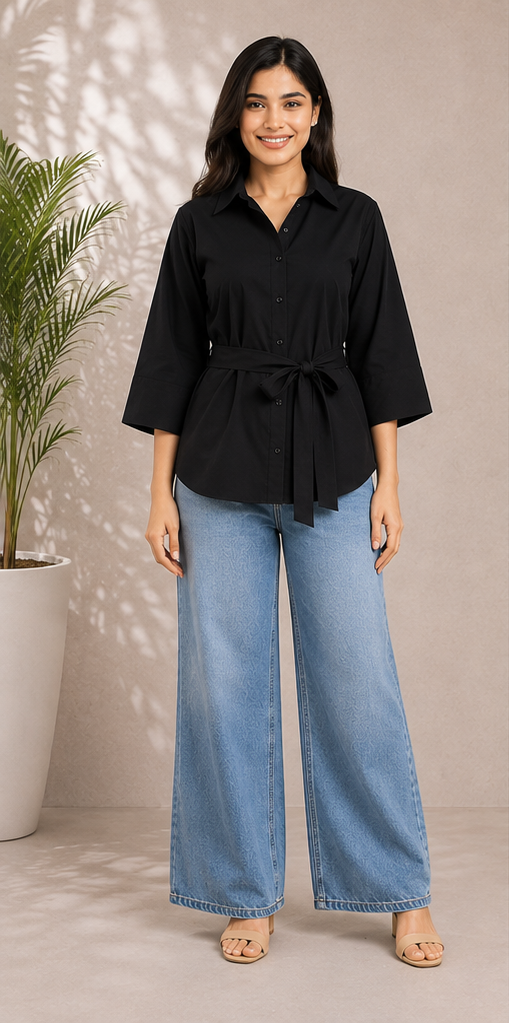 Women classic cotton collar shirt with Tie-Waist