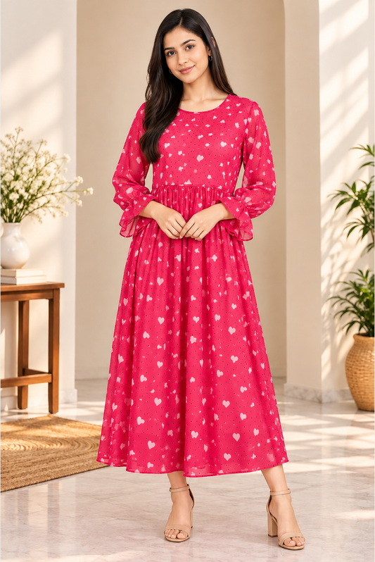 Women Casual Sweetheart Pink Heart-Print Chiffon Midi/ Long Dress
