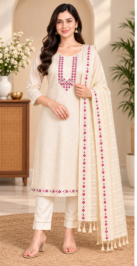 Women Elegant Cream Chanderi Silk Chikankari Style Kurta, Pant & Dupatta 3-Piece Set