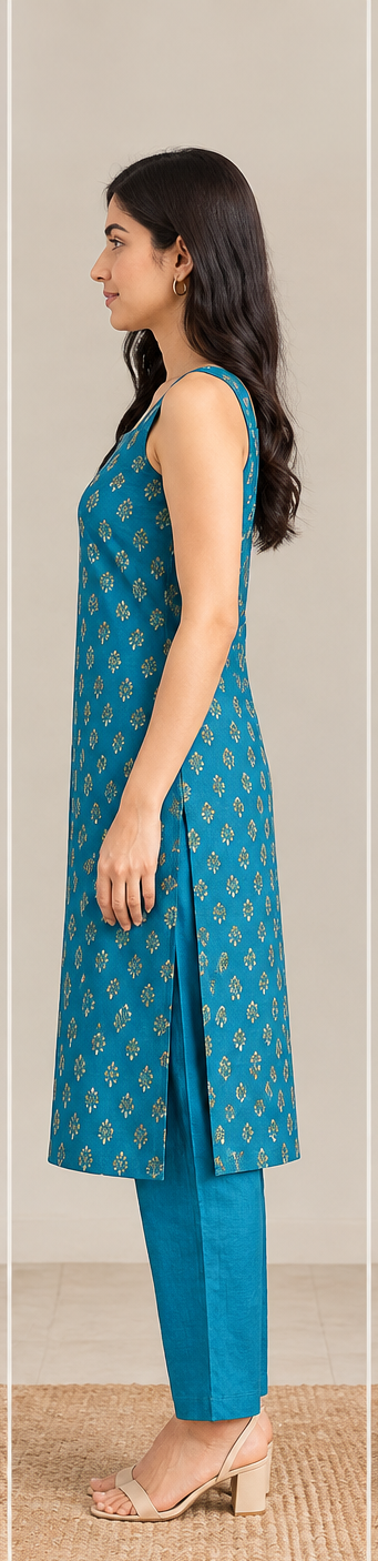 Women Elegant Green Gold Printed Sleeveless Kurta with Trousers (2-Piece Set)