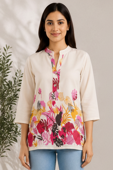 Women Tropical Floral Print Khadi Cotton Short Kurti with Mandarin Collar
