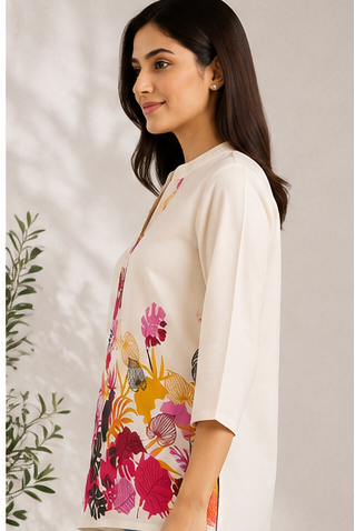 Women Tropical Floral Print Khadi Cotton Short Kurti with Mandarin Collar