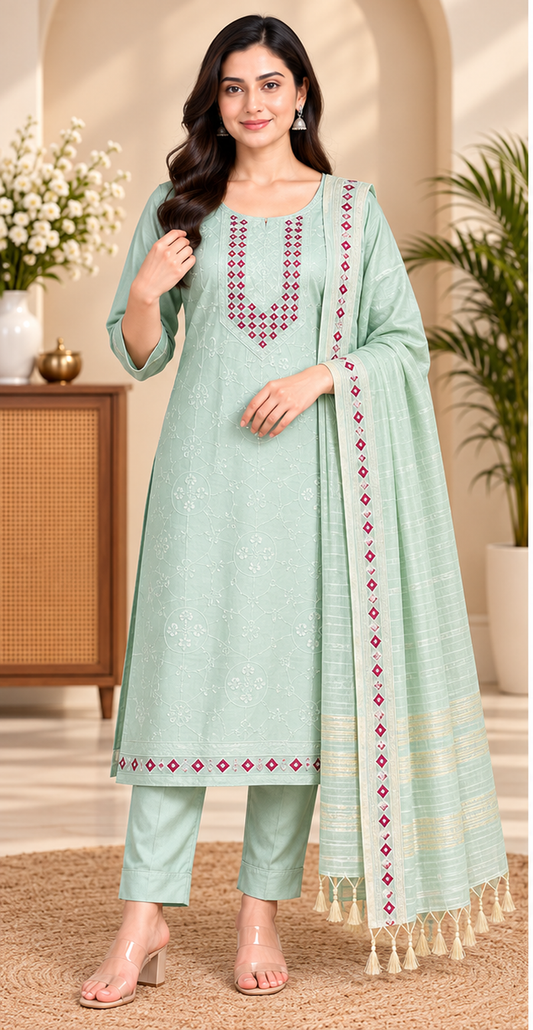Women Elegant Cream Chanderi Silk Chikankari Style Kurta, Pant & Dupatta 3-Piece Set