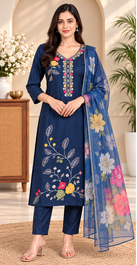 Women Elegant Navy Blue Vatican Silk Kurta, Pant & Floral Digital Printed Organza Dupatta 3-Piece Set