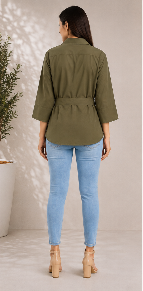 Women classic cotton collar shirt with Tie-Waist