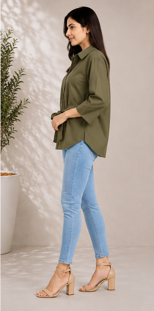 Women classic cotton collar shirt with Tie-Waist
