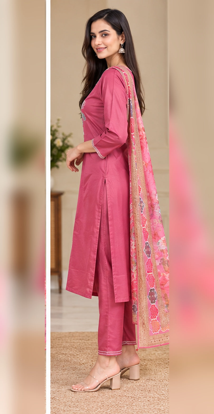 Women Rose Pink Floral Embroidered Kurta & Pant Set with Matching Dupatta