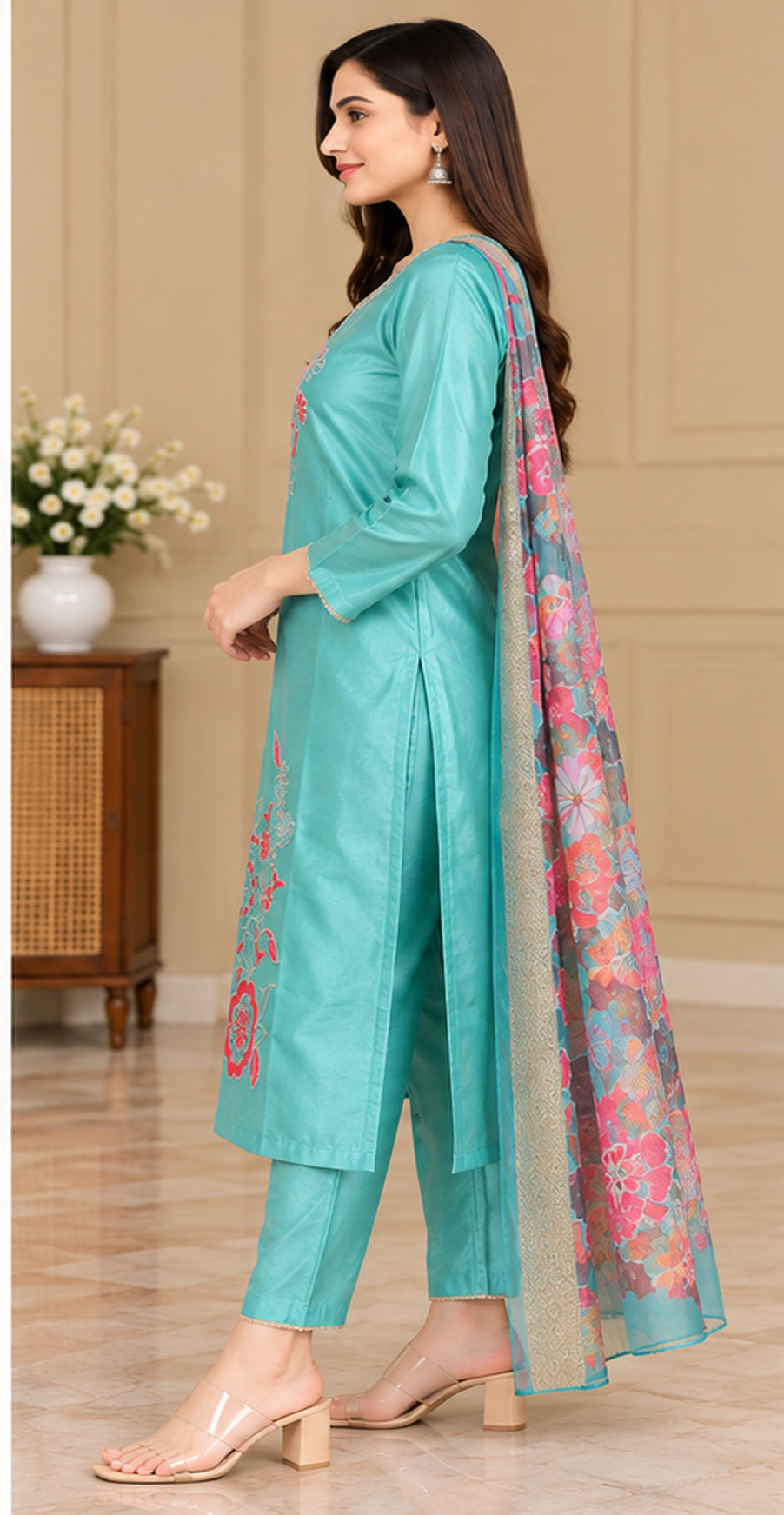 Women Turquoise Green Floral Embroidered Kurta & Pant Set with Matching Dupatta