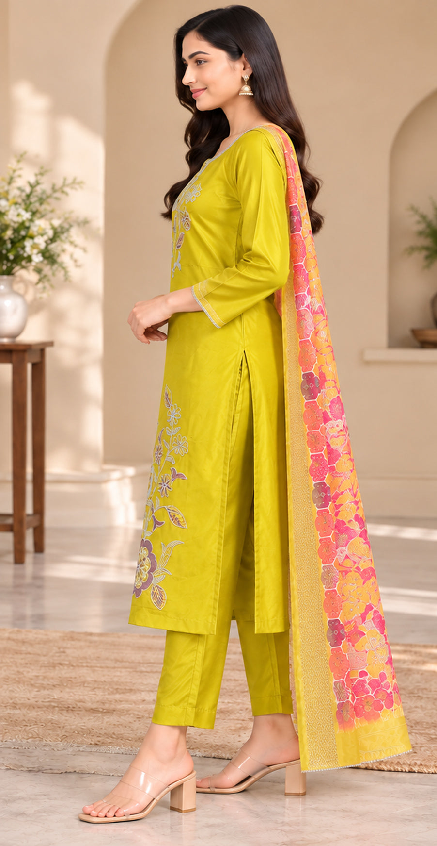 Women Yellow Floral Embroidered Kurta & Pant Set with Matching Dupatta