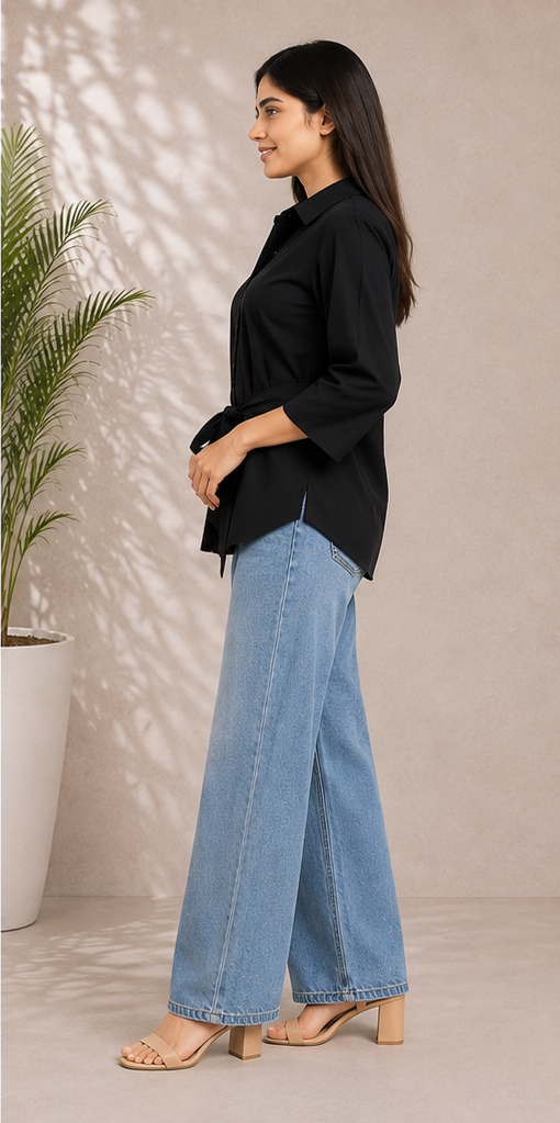 Women classic cotton collar shirt with Tie-Waist