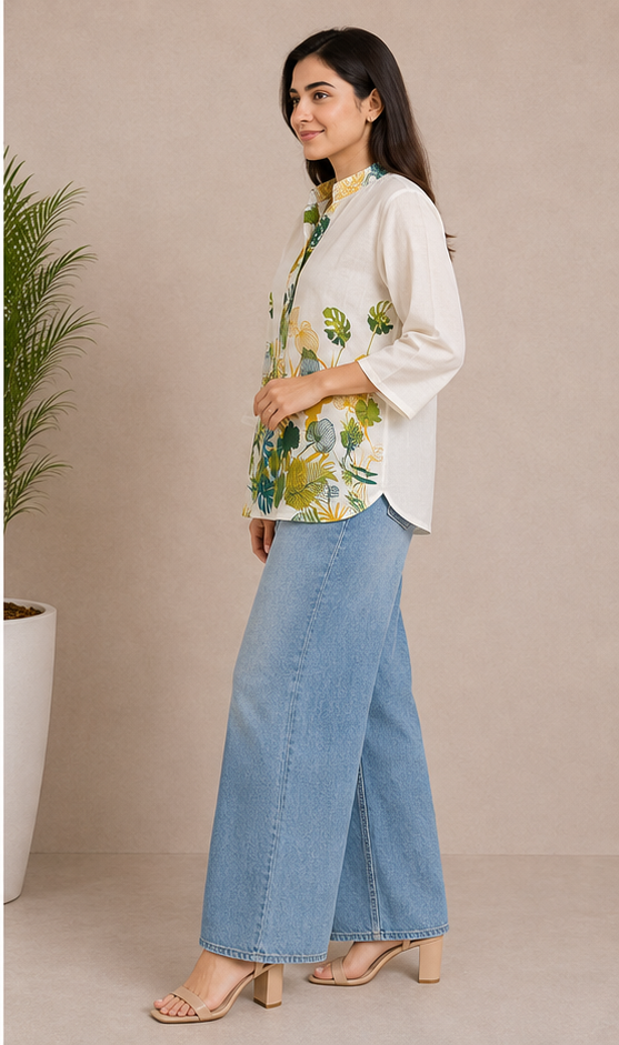 Women Tropical Floral Print Khadi Cotton Short Kurti with Mandarin Collar
