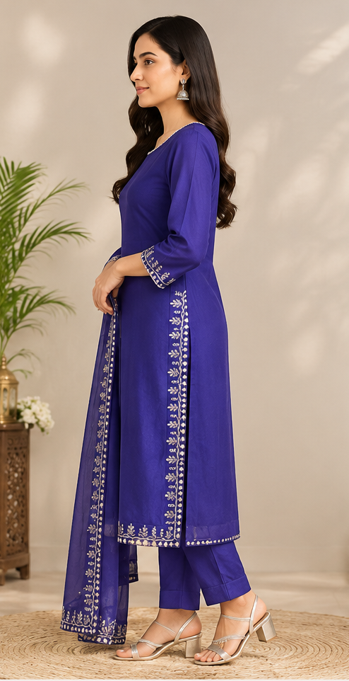 Women Royal blue chiffon suit set with Embroidered Side Slits & Matching Dupatta
