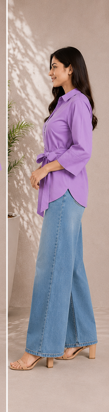 Women classic cotton collar shirt with Tie-Waist
