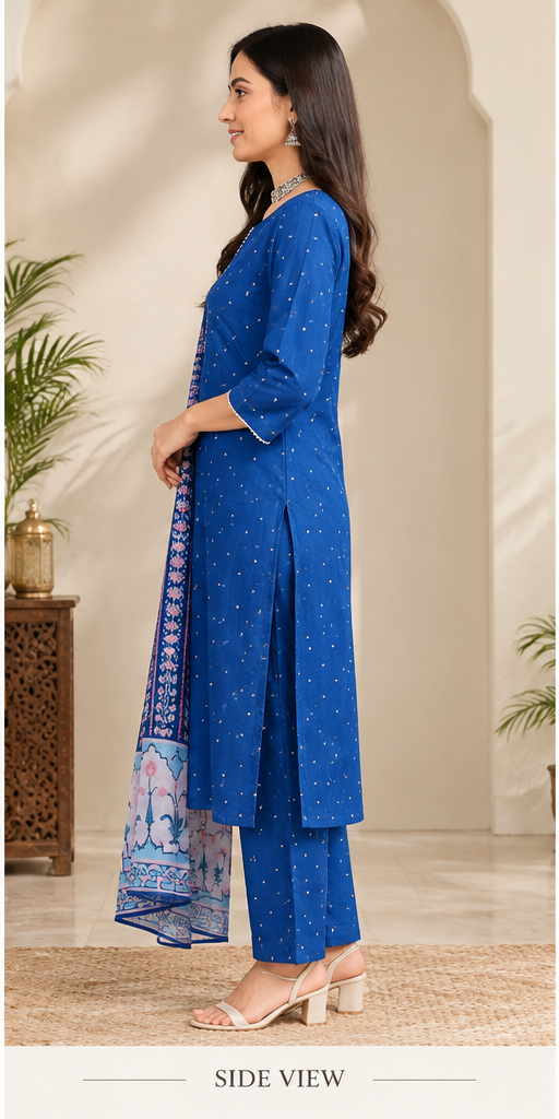 Women Elegant Royal Blue Printed V-neck Kurta, Pant & Dupatta 3-Piece Ethnic Set