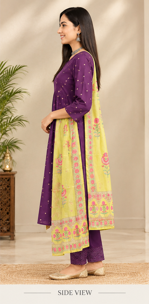 Women Deep Purple Gathered Ethnic Suit Set with Chevron Printed Trousers & Contrast Dupatta