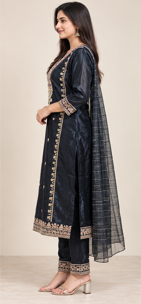 Women Black Colour Tissue Silk Embroidered Suit Set with Matching Dupatta