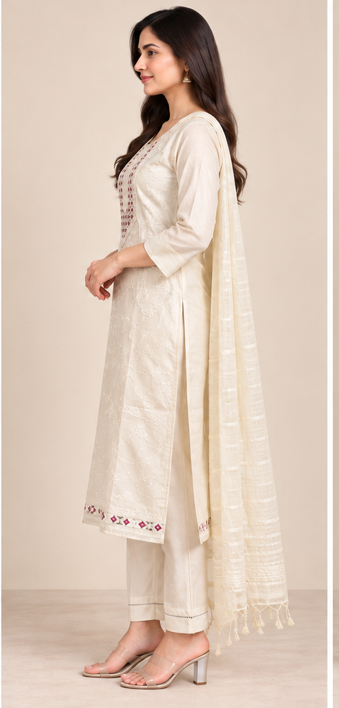 Women Elegant Cream Chanderi Silk Chikankari Style Kurta, Pant & Dupatta 3-Piece Set