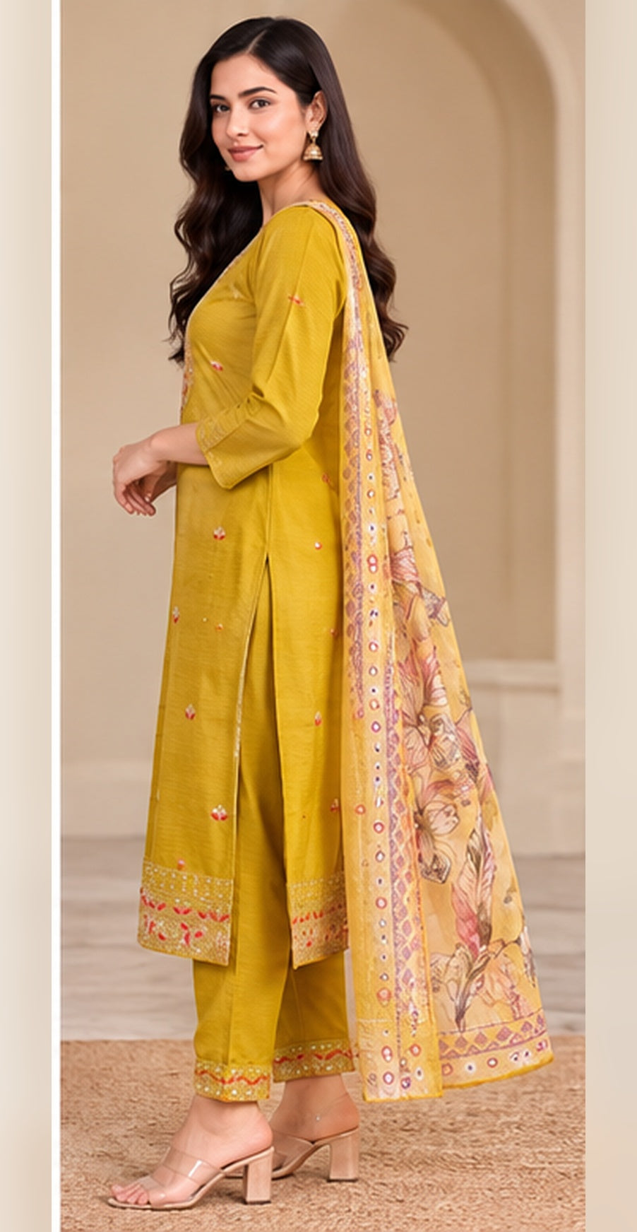 Women Yellow Embroidered Kurta & Pant Set with Floral Digital Printed Dupatta