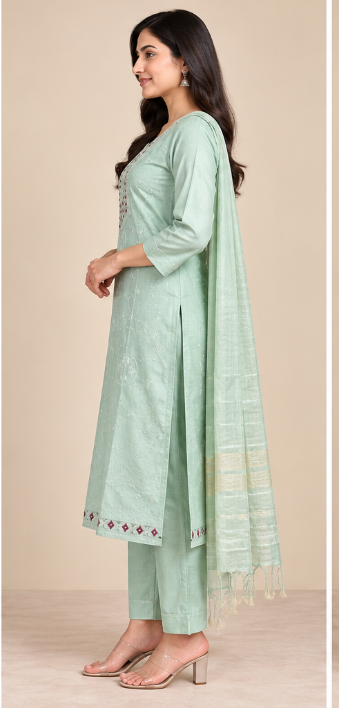 Women Elegant Cream Chanderi Silk Chikankari Style Kurta, Pant & Dupatta 3-Piece Set