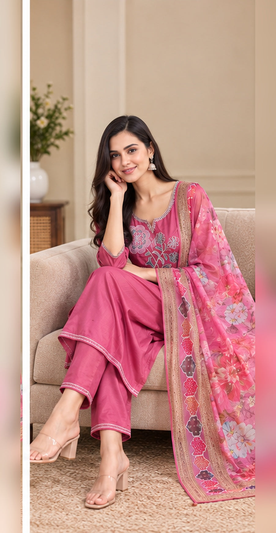 Women Rose Pink Floral Embroidered Kurta & Pant Set with Matching Dupatta