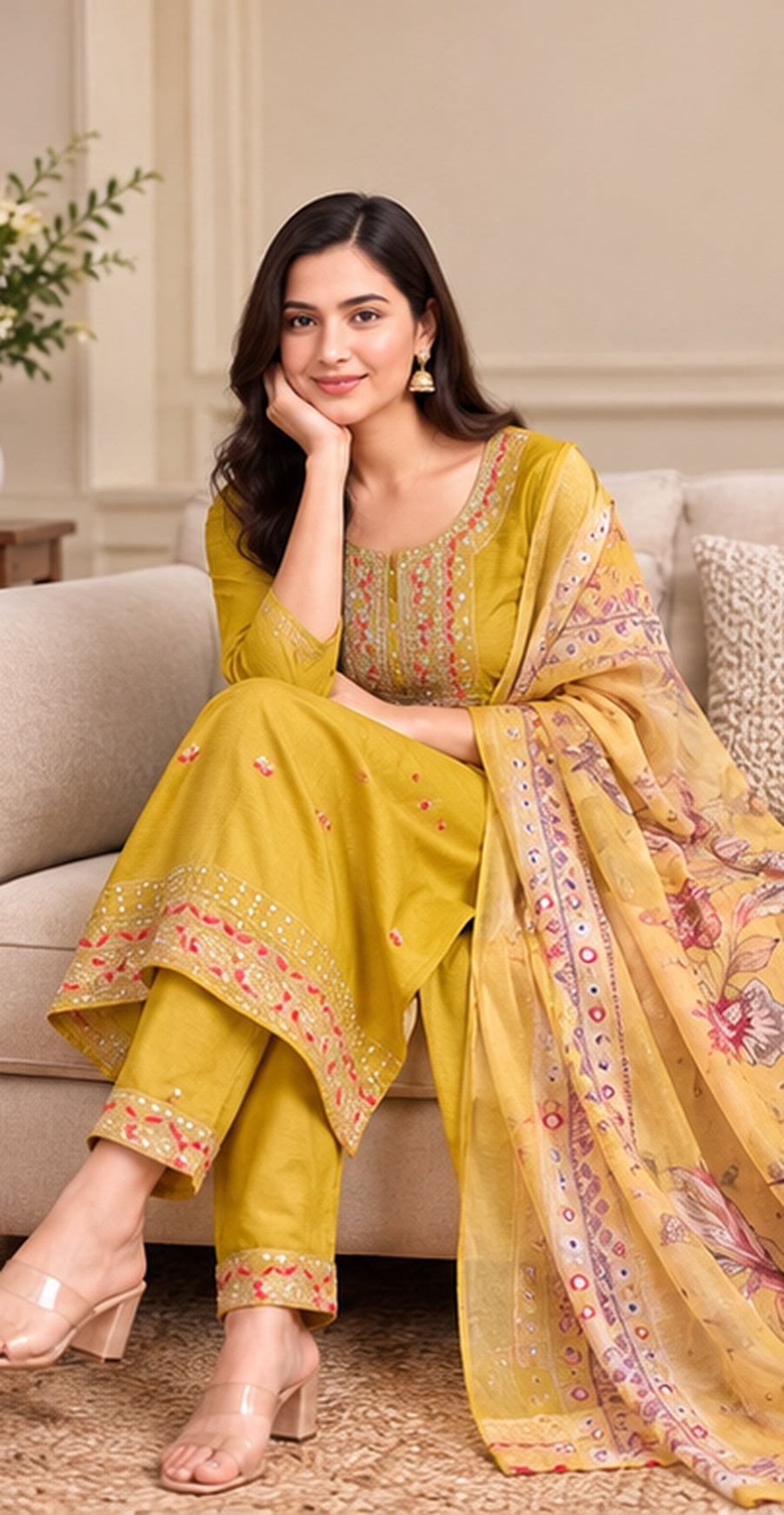 Women Yellow Embroidered Kurta & Pant Set with Floral Digital Printed Dupatta
