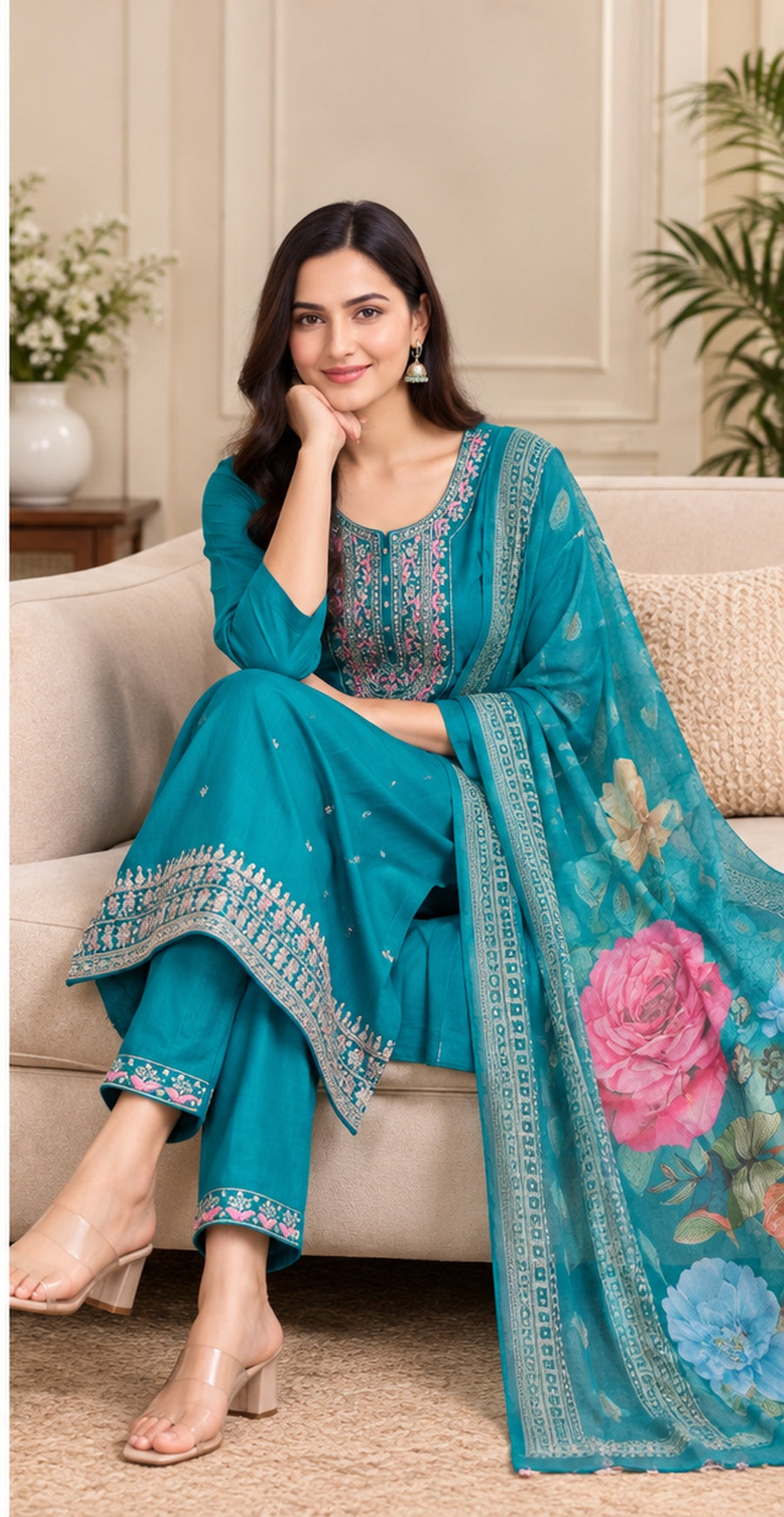 Women Teal Blue Embroidered Kurta & Pant Set with Floral Digital Printed Dupatta
