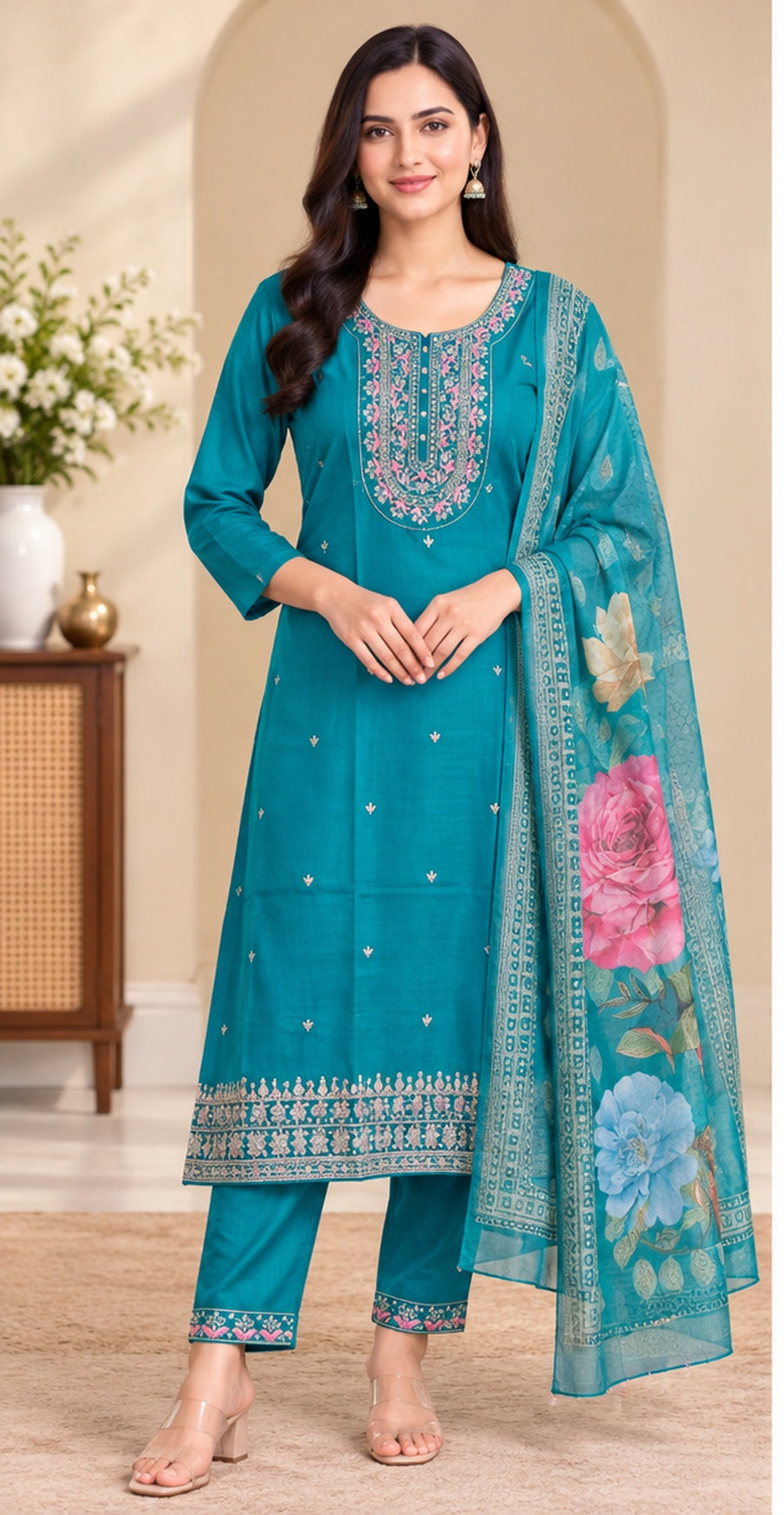 Women Teal Blue Embroidered Kurta & Pant Set with Floral Digital Printed Dupatta