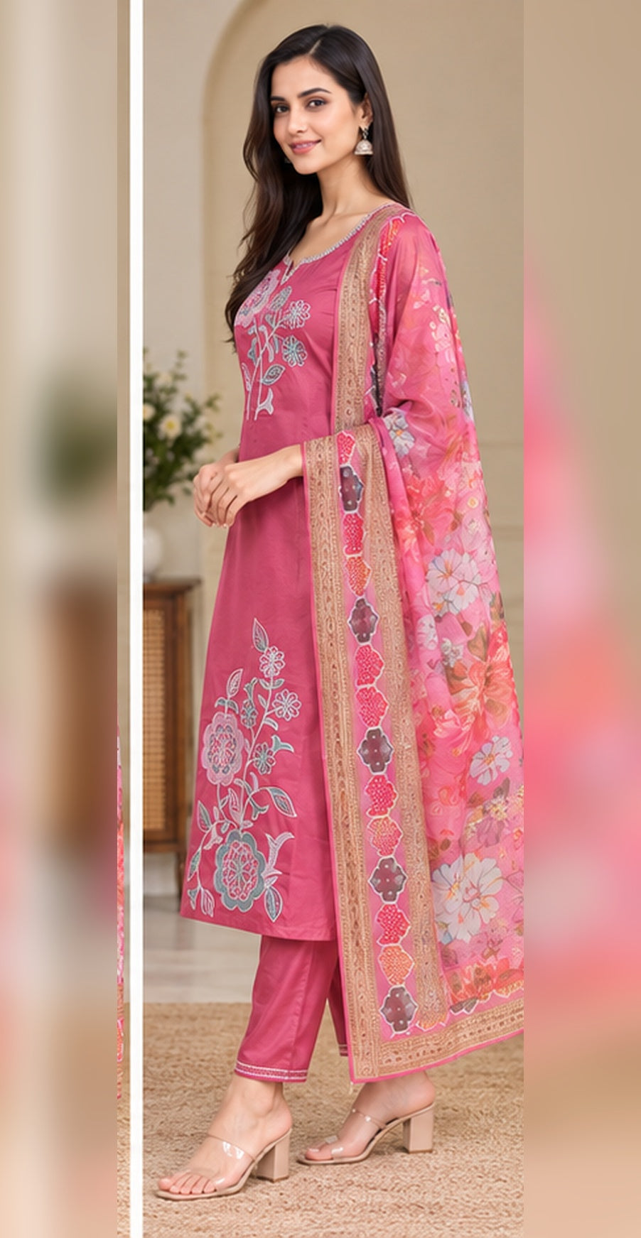 Women Rose Pink Floral Embroidered Kurta & Pant Set with Matching Dupatta